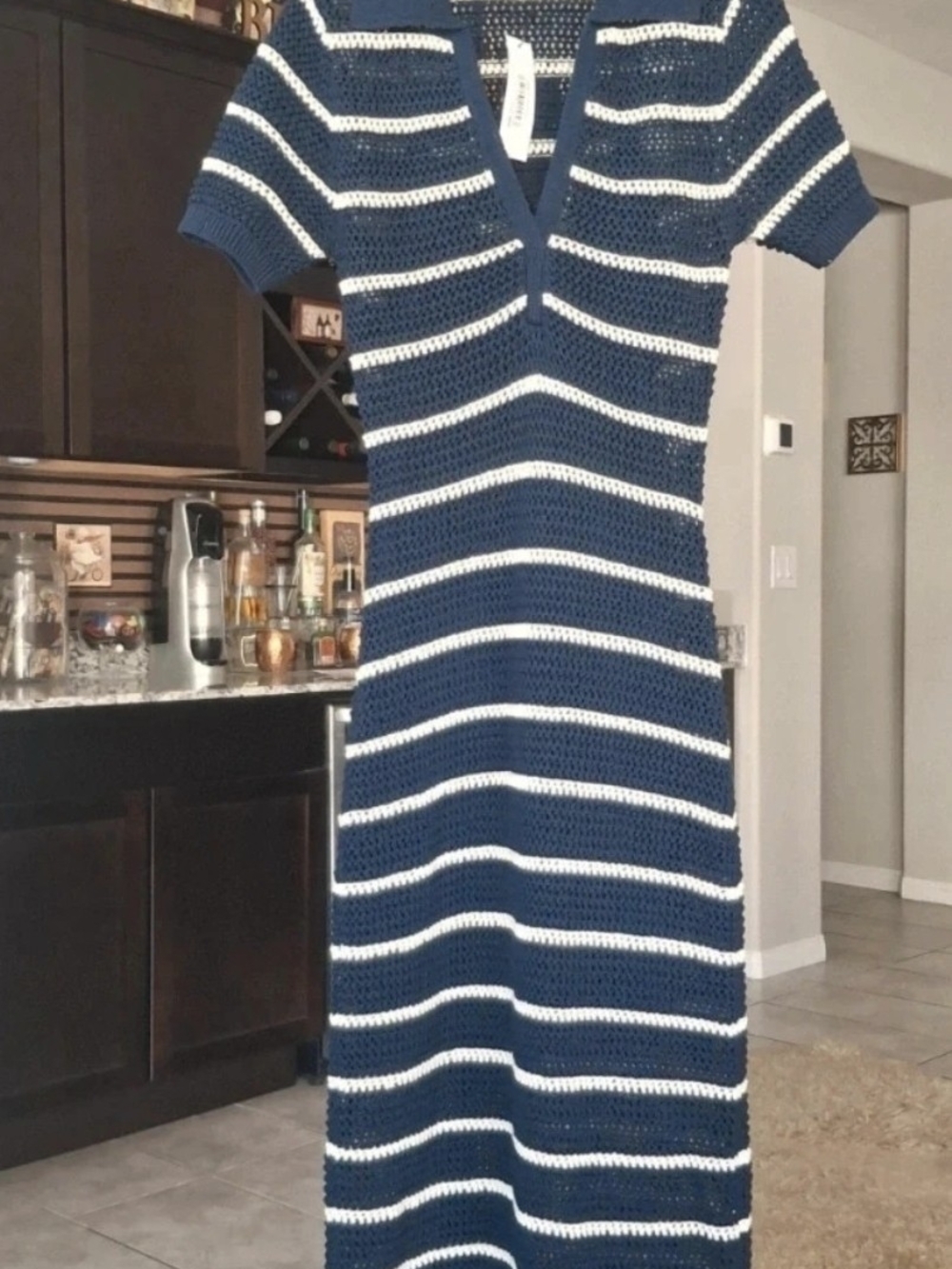NWT! The Drop Womens Navy/White "Adalyn" Tape Yarn Split-Neck Maxi Dress Large